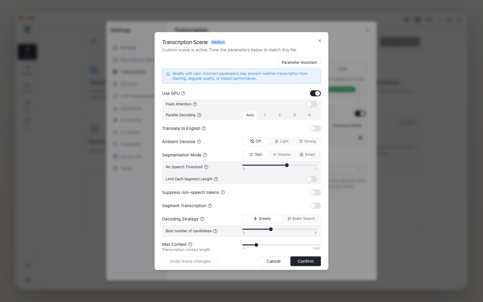 Audio Note advanced transcription tuning screenshot