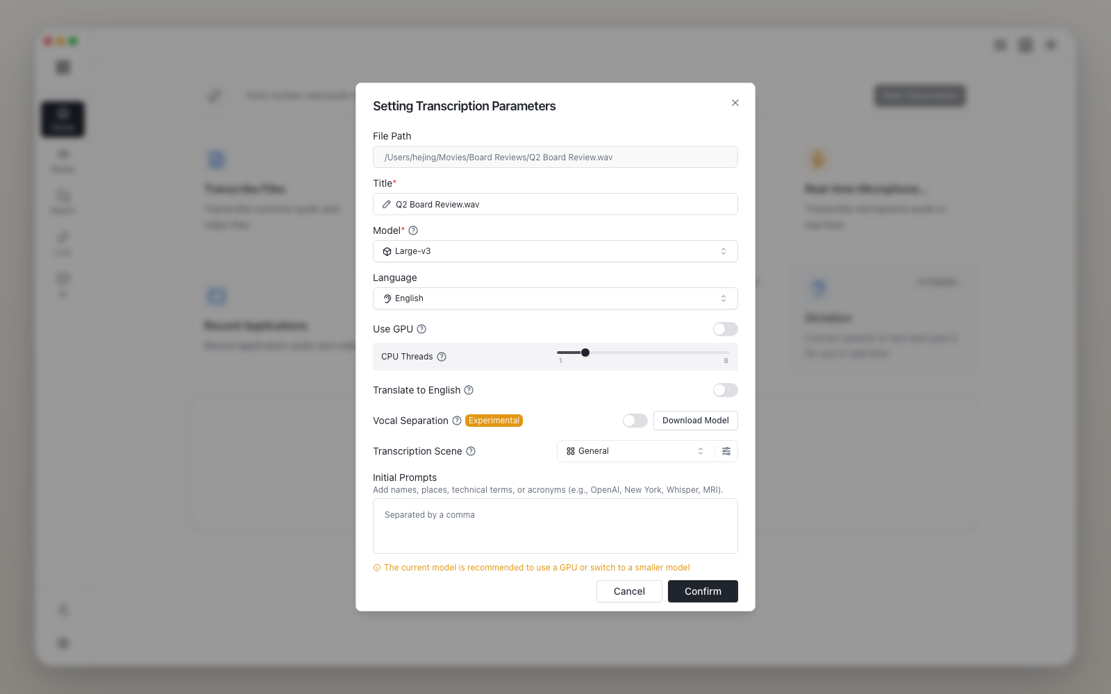 Audio Note file transcription parameters screenshot